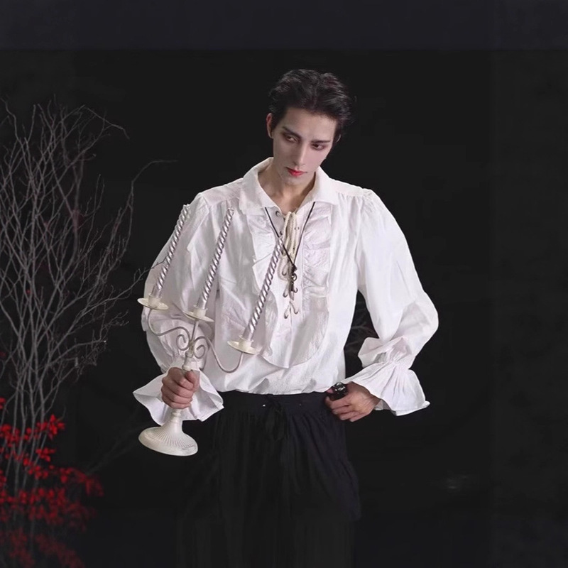 Palace Style Strappy White Shirt Men's European and American Gothic Style Loose Long-Sleeved Halloween Dress Shirt Cos Performance Costume