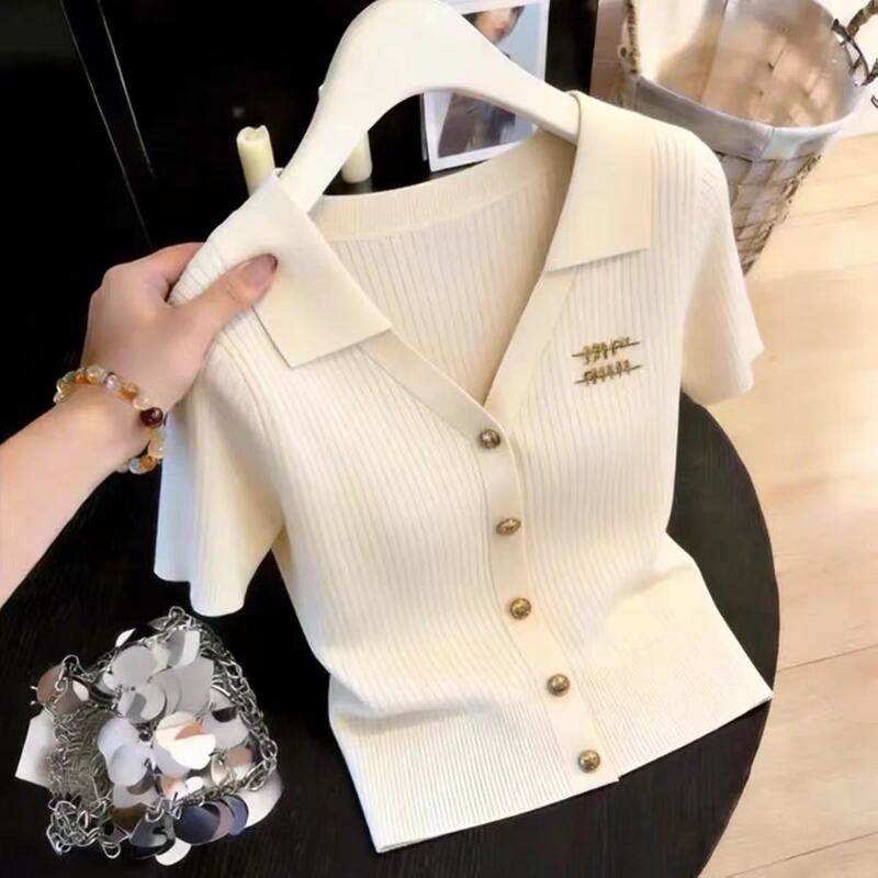 Brother's Boutique Quality Summer New Luxury Style Retro Design Slim Fit Elegant Lapel Short-Sleeve Knit Shirt for Women Brother's Boutique Quality Summer New Luxury Style Retro Design Slim Fit Elegant Lapel Short-Sleeve Knit Shirt for Women