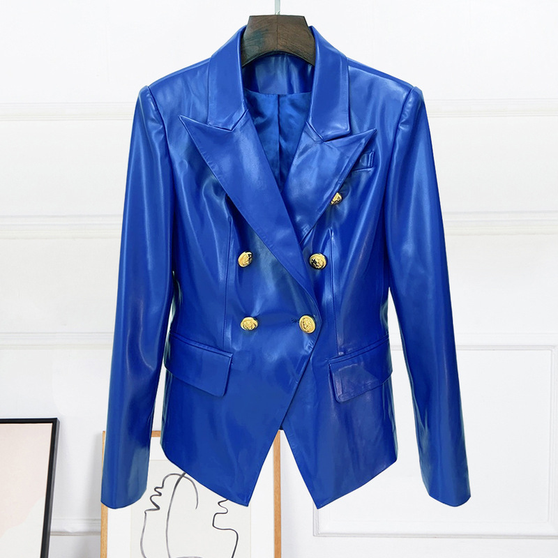 In-Stock 2024 Spring and Autumn New High-Quality Pu Leather Women's Blazer Socialite Internet Celebrity Advanced Jacket Cross-Border In-Stock 2024 Spring and Autumn New High-Quality Pu Leather Women's Blazer Socialite Internet Celebrity Advanced Jacket Cross-Border