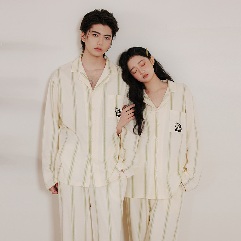 Spring Green Vertical Pattern Class A Bacteriostatic Pure Cotton Couple Pajamas Men's and Women's Cute Panda Long Sleeve Home Clothes suit