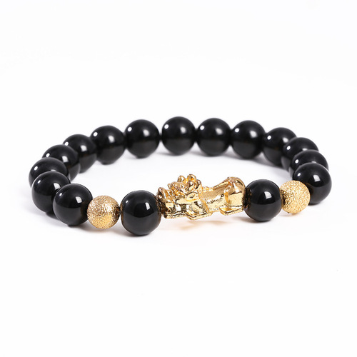 2pcs Gold-plated Obsidian Pixiu god wealth lucky Bracelet for unisex Six-Character Proverbs Buddha beads Bracelets