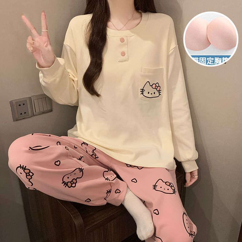 带胸垫睡衣女款春秋季仿棉可爱卡通长袖套装宽松少女家居服可外穿|undefined