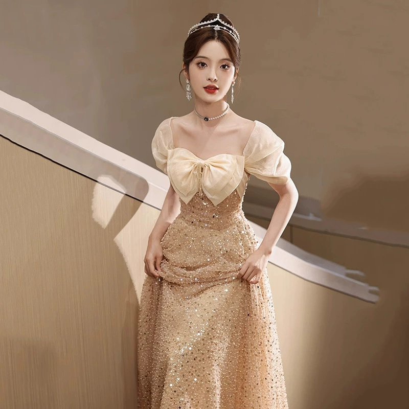 Golden evening dress, elite skirt, open shoulders, high-quality style