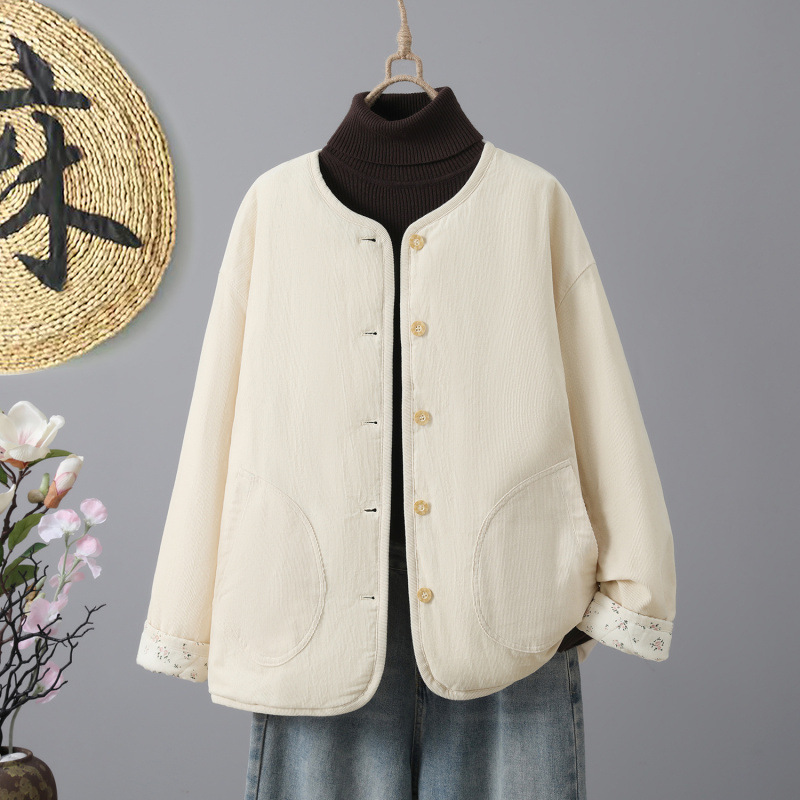 实拍原创米色棉服女秋冬休闲百塔冬季加厚保暖两面穿棉外套棉衣