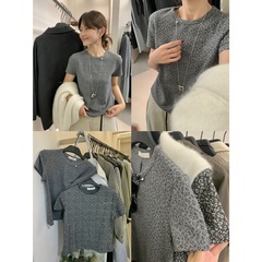 【MISS密思家】甜酷风T恤！圆领贝壳扣豹纹磨毛短袖T恤女装89050