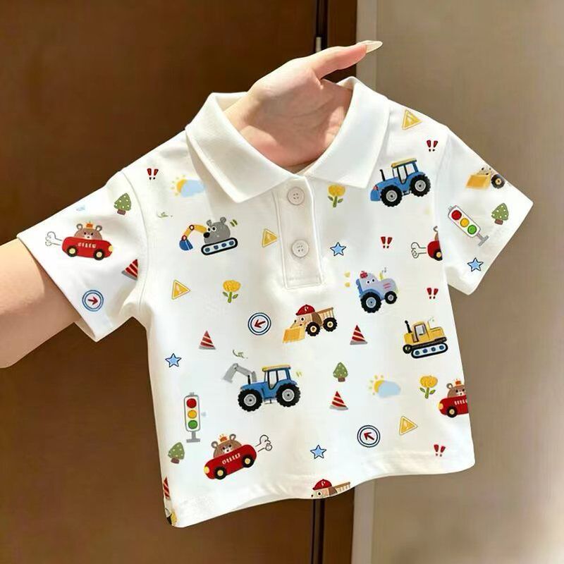 All-Over Printed Cartoon Short-Sleeved T-Shirt 2026 Summer New Style Boys' Thin Lapel Short-Sleeved Top Baby Polo Shirt T-Shirt