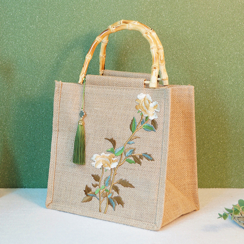 Bamboo Cheongsam Handbag Bag Women's 2024 Chinese Style National Style Vintage Hanfu Bamboo Handle Printed Cotton and Hemp Bag Hand Bag for Women