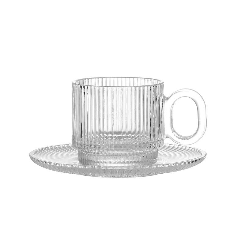 Taza de café de vidrio de alta franja vertical creativa con mango de aislamiento térmico, taza de café transparente simple y exquisita