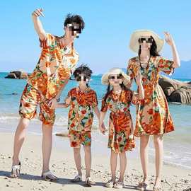 沙滩亲子装一家三口四口2024夏季新款海边度假母女裙纯棉衬衣套装