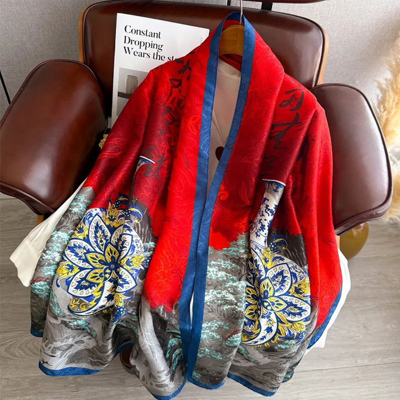 [Dragon Scale Pattern] Noble and Fashionable Long Silk Scarf for Women Summer Sun Protection Retro Shawl Imitation Silk Mulberry Silk Scarf Manufacturer