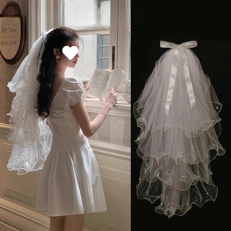 Bridal Veil Proposal Registration Wedding Photography Photo Props Wedding Dress Certificate Multi-Layer Pearl Butterfly Wedding