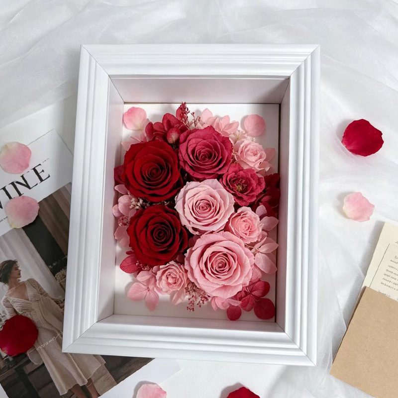 European-Style Preserved Flower Framed White Flower Box, Various Dried Flowers and Green Plants, 3D Thickened DIY Commemorative Ornament