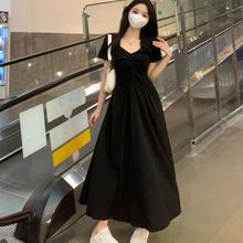 大码新款法式赫本夏季裙子小黑裙黑色长裙方领气质收腰显瘦连衣裙