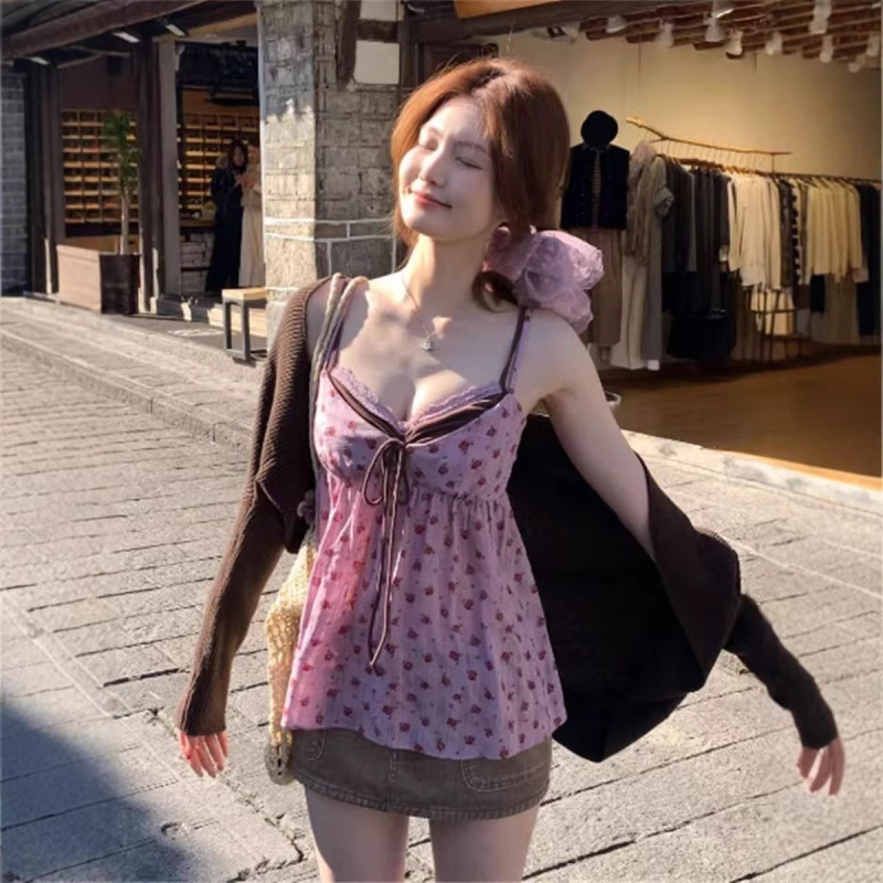 Sweet Purple Bowknot Floral Camisole Outfit by Meilade for Women, Paired with a Brown Knit Cardigan Two-Piece Set
