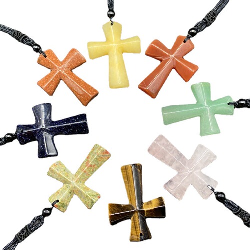 Natural Stone Christmas Gift Agate Braided Semi-Precious Cross Necklace Sweater Chain Casual Christian Gift