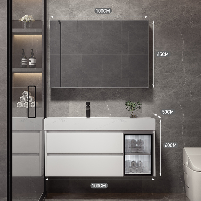Shiqi Placa de roca gabinete de baño combinación de luz de lujo moderno simple baño mesa de lavado lavabo gabinete
