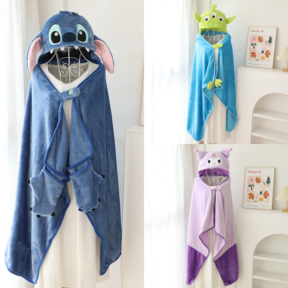 卡通可爱史迪仔连帽披风肩毯子学生加厚保暖午睡斗篷办公室空调毯