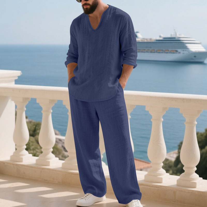 Herren Leinenanzug Für Den Herbst Casual Beach V-ausschnitt Set_voghion.com