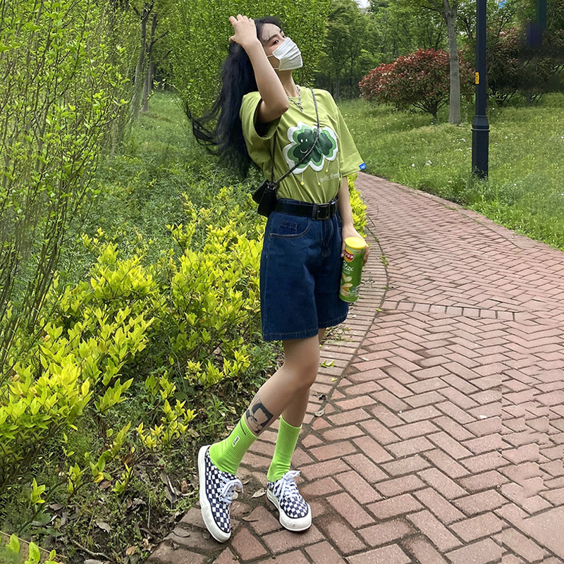 Five Points Denim Shorts Women's Hot Girls Summer 2024 New Thin Loose High Waist Straight Wide Leg Trendy Middle Pants