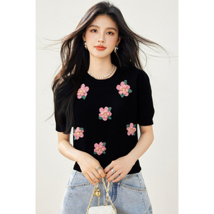 Three-Dimensional Flower New Style Knitwear Summer Sweet Ice Silk Loose T-Shirt Knitted Short-Sleeved Top
