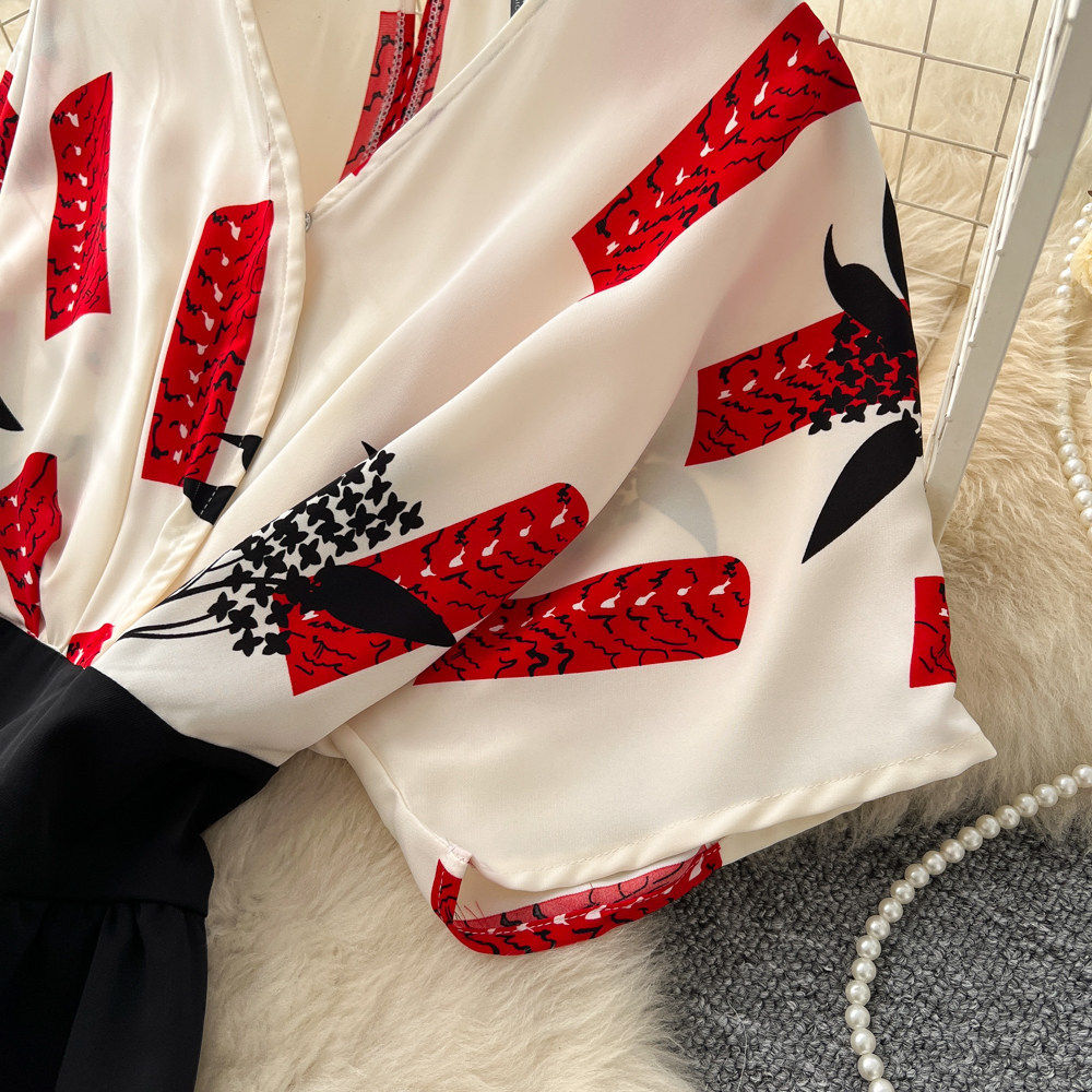 Korean Style Women's V Neck Jumpsuit High Waisted Wide Leg Pants Slimming Print Workwear Summer Elegant Long Romper_ecoleips.com