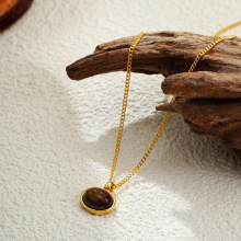 欧美跨境18K金虎眼石椭圆吊坠项链静奢风玛瑙颈链法式简约锁骨链