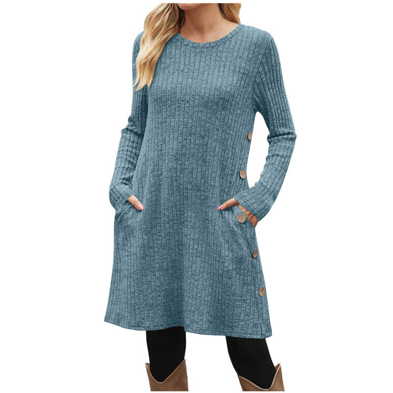 2025 European and American Fashion Women's Knitted Long-Sleeved Autumn and Winter Round Neck Casual Loose Button Dress with Flap Pocket Pantss