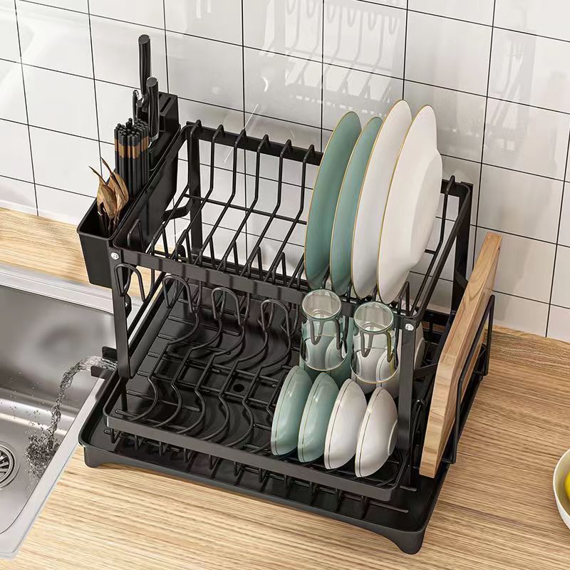 Estante de platos de cocina transfronteriza estante de metal doméstico almacenamiento de platos estante de drenaje multifuncional acabado de mesa doble capa
