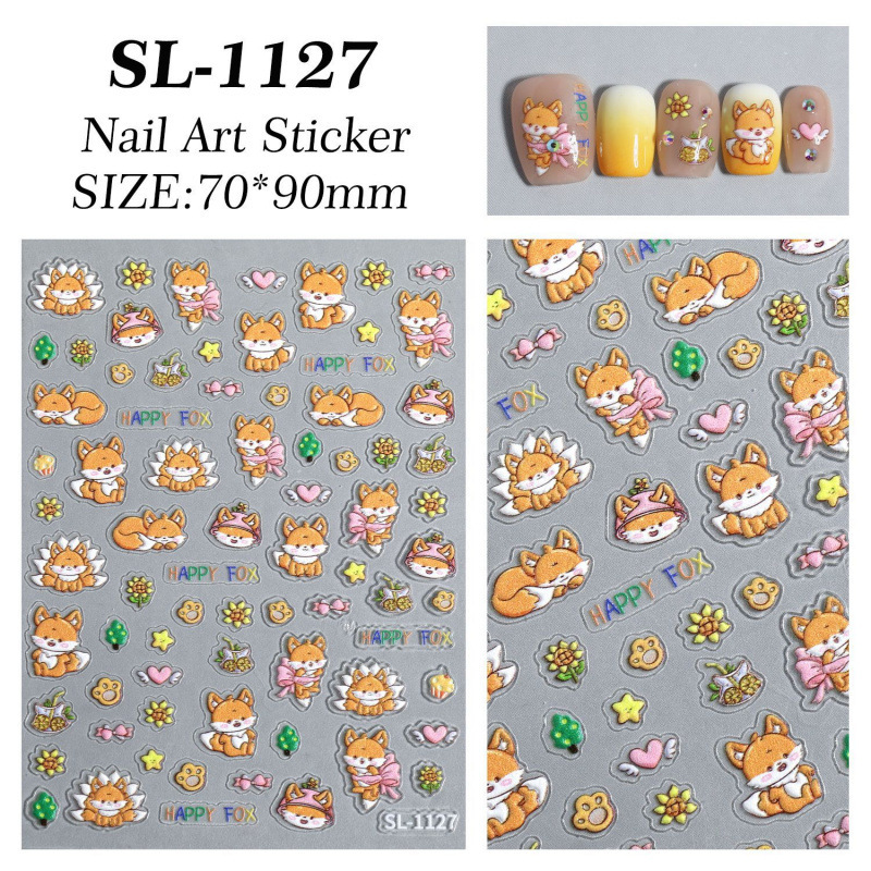 かわいい九尾フクロウネイルアートステッカー 5D レリーフ立体桃小狐ネイルステッカージュエリー SL スタイル|undefined