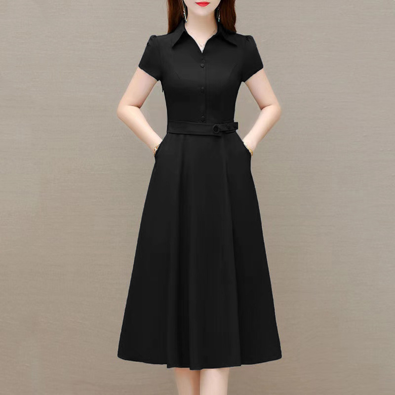 【现货】2025新款春夏装polo领中年气质减龄收腰显瘦短袖纯色连衣