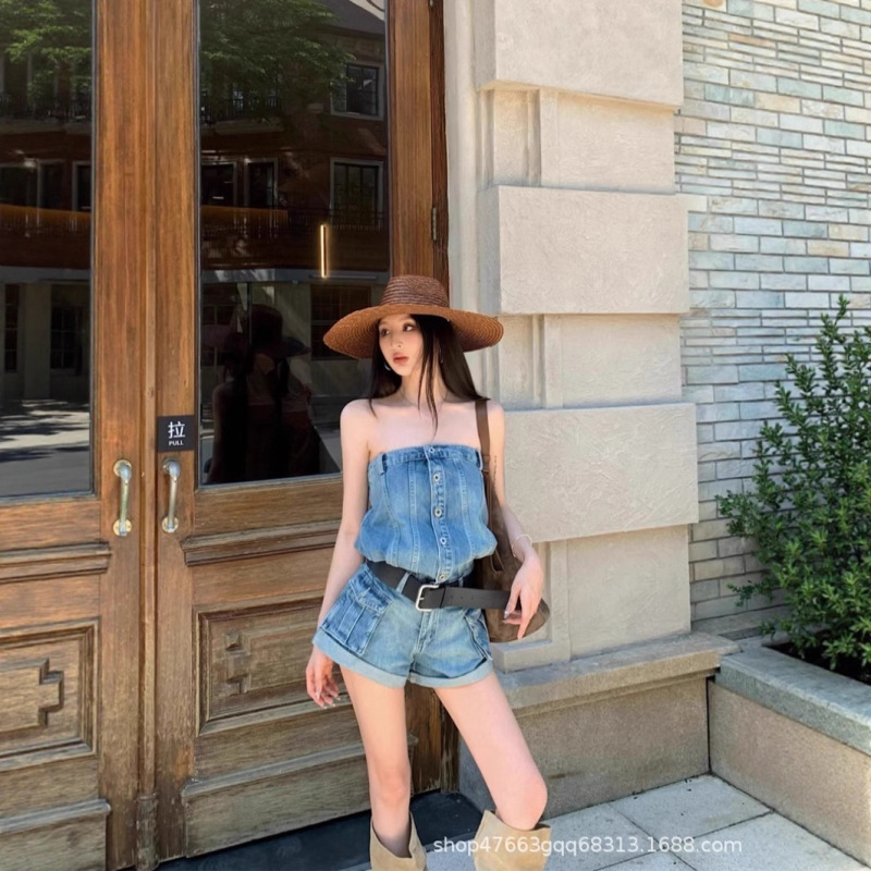Retro Hot Girl Sexy Tube Top Denim Jumpsuit for Women 2025 Summer New Style Waist-Cinching Slimming Straight-Leg Jumpsuit Shorts
