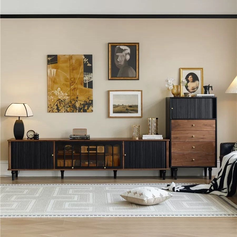 Retro Wabi-Sabi Style Black Walnut Color Tv Cabinet Cupboard Black Small Apartment Living Room Antique Style Furniture Light Luxury