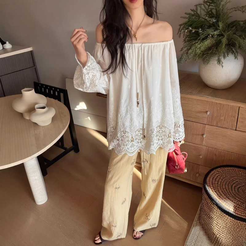 Od Designer Brand 26 Early Spring New Heavy-Duty Embroidery Hollow Lace One-Shoulder Tie Design Long-Sleeve Top