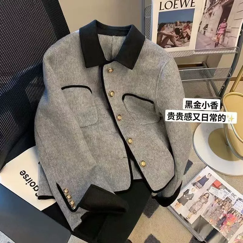 Little Xiangfeng Короткий жареный уличный серый пиджак женский осенний и зимний ретро продвинутый дизайн чувство нишевый темперамент с длинными рукавами