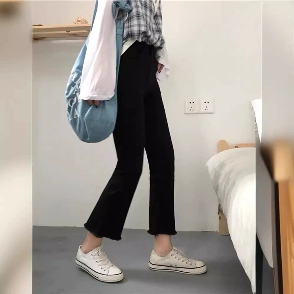 Черные джинсы осенние в Корейском стиле стройнящие широкие брюки с завышенной талией расклешенные брюки студенческие женские прямые брюки свободные модные
