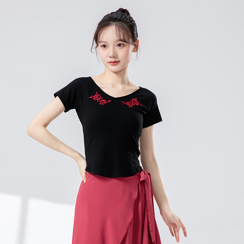 女性のためのモダンダンス服夏の新しいスリム半袖プリント毎日の練習ボディスーツ中国のダンス服トップ|undefined