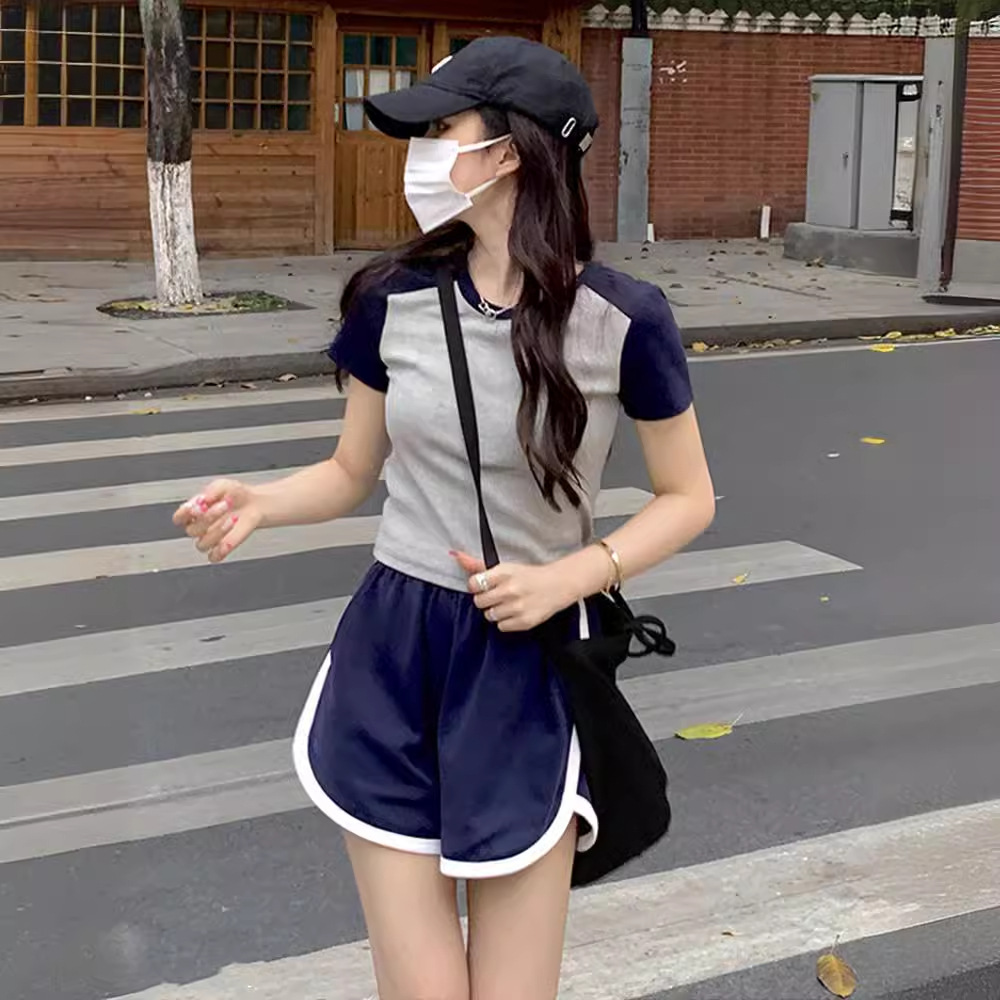 跑步运动套装女夏季学生韩版宽松显瘦百搭拼接短袖短裤休闲两件套