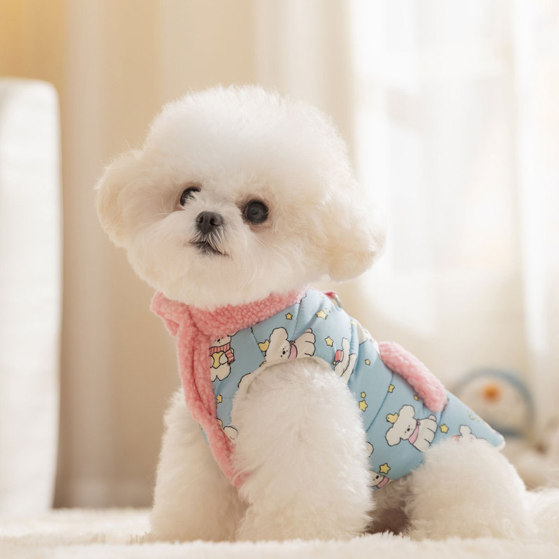 秋冬季加厚保暖撞色高领狗狗衣服卡通印花牵引马甲小型犬宠物服饰|undefined