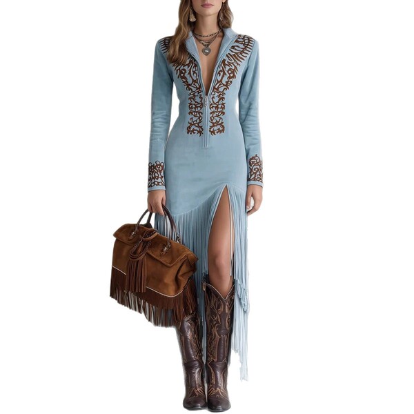 autumn retro ethnic dress with zipper