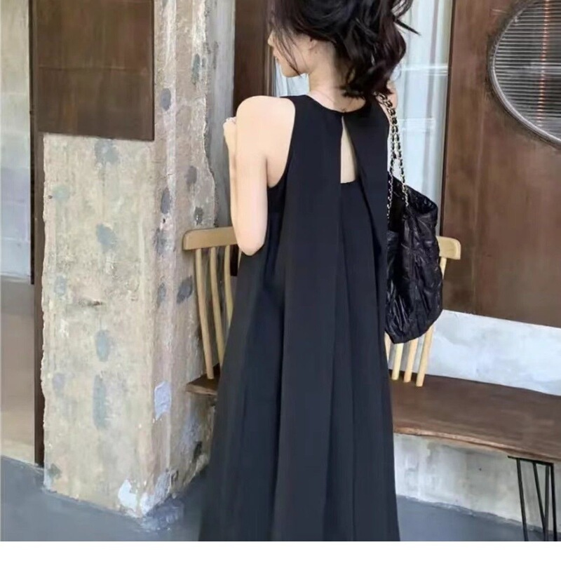 Pleated Sleeveless Dress for Women, New Summer Style, Loose and Slimming, Korean Style, Mid-Length, Solid Color, Stylish and Elegant Outerwear Dress
