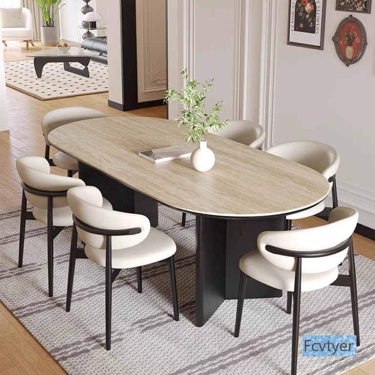 French Travertine Slate Dining Table for Home Small Apartment Mid-Century Style Rectangular Oval Dining Table and Chair Combination