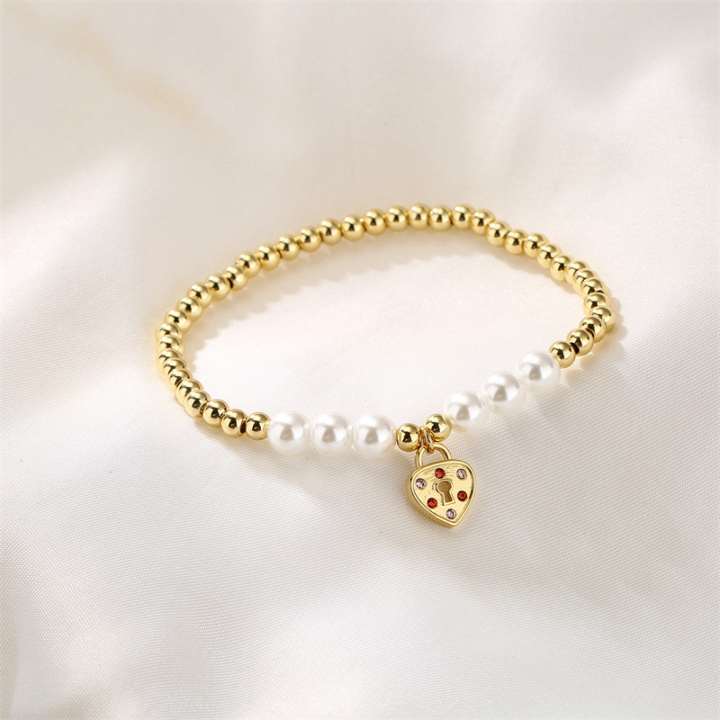 Casual Moon Heart Shape Copper Beaded Pearl Inlay Zircon Bracelets 1 Piece