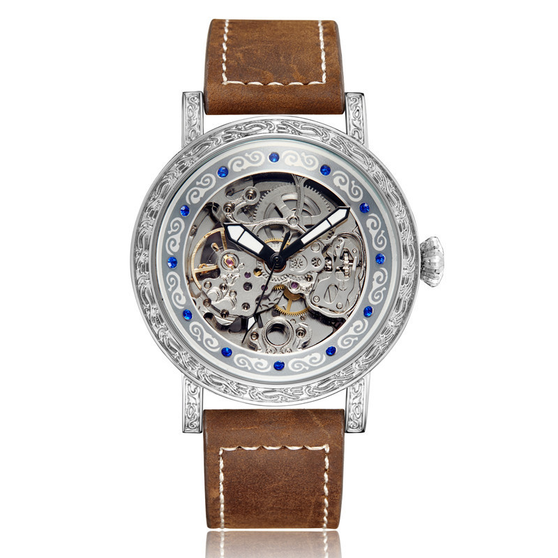 Men's Casual Watch Two Way Movement Leather Strap Stainless Steel Automatic Mechanical New Style_voghion.com