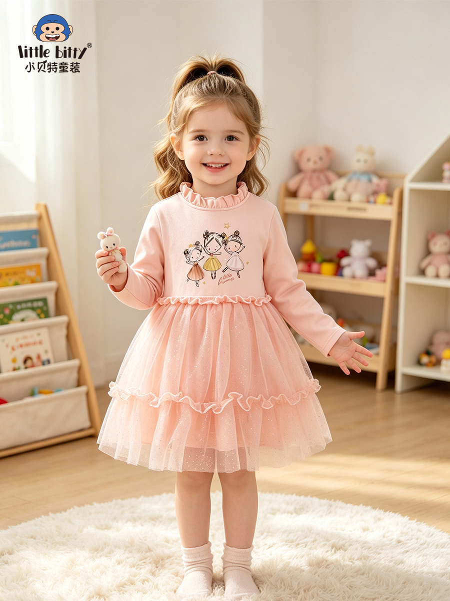 Sweet 26-year-old children's mesh dress, autumn and winter cartoon girl print, round neck, lace, long-sleeved dress for girls, in stock