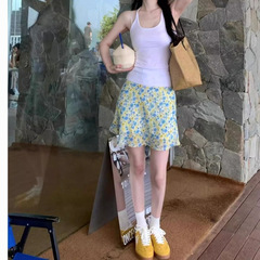 小清新撞色花朵图案半身裙女春夏新款鱼尾裙飘逸碎花中裙短裙