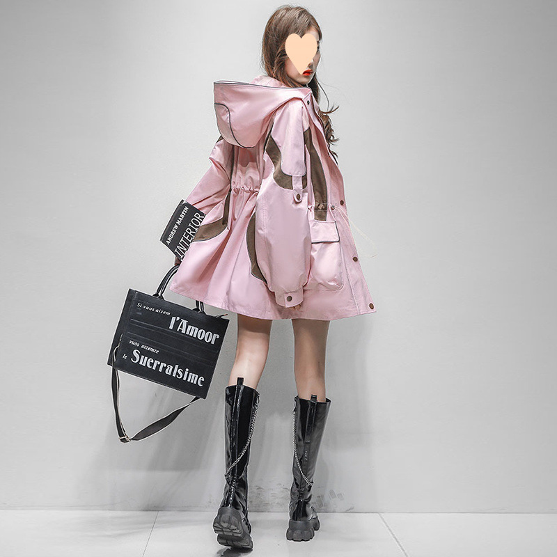 时尚撞色冲锋衣外套女2025春秋季新款收腰显瘦中长款休闲连帽风衣|undefined