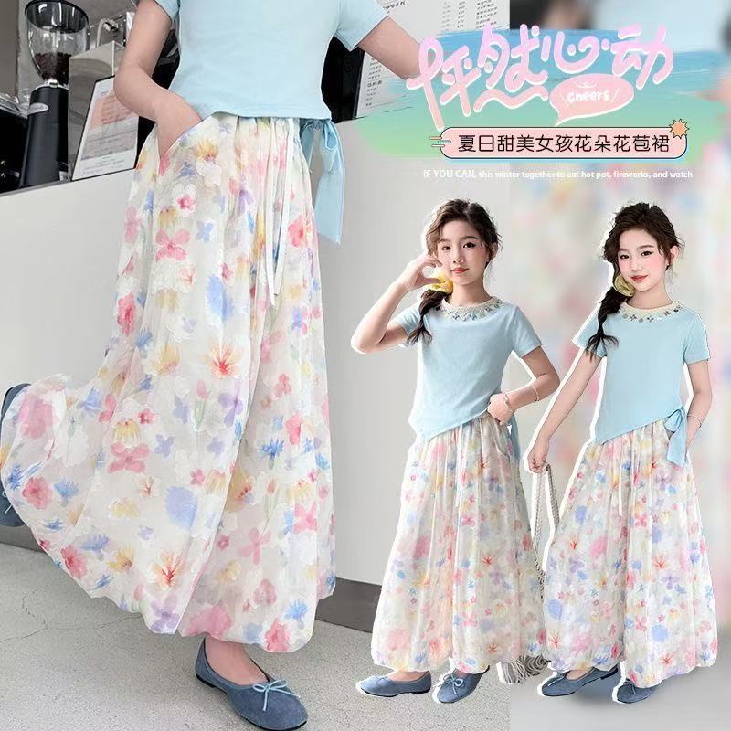 Girls' Pants Summer Thin Colorful Floral Wide-Leg Pants 2025 New High-Waisted Casual Drape Floral Skirt Anti-Mosquito Pants