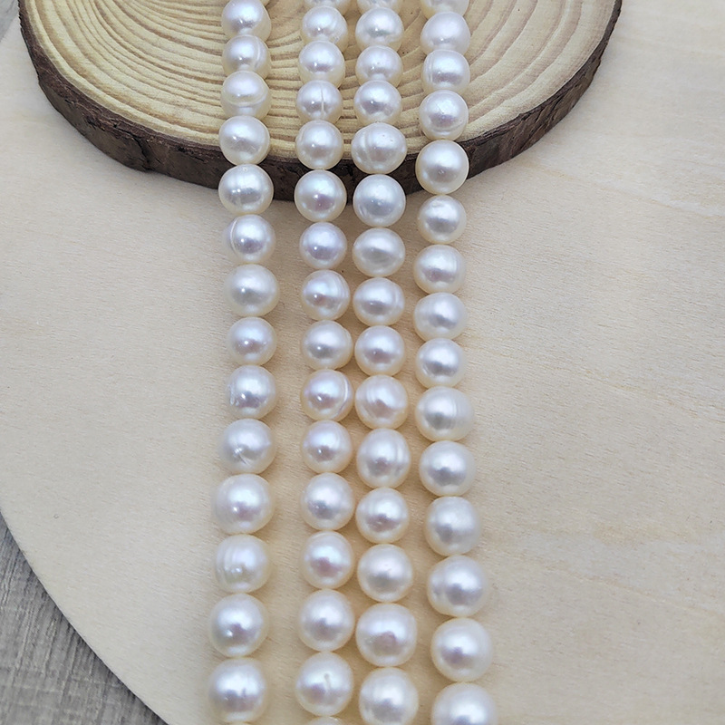 天然淡水珍珠DIY裸散珠材料近圆形7-8mm半成品项链有螺纹强光