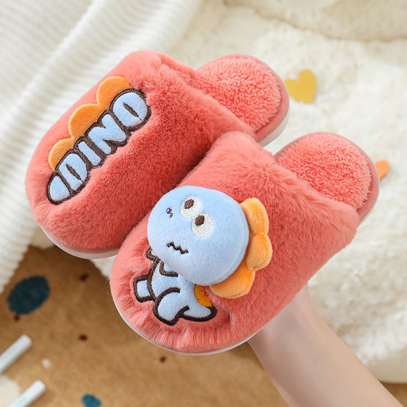 Zapatillas de piso de invierno para niños de dibujos animados de fondo suave casa lindo dinosaurio cálido peludo Grandes Medianas y pequeñas Zapatillas de algodón para bebés