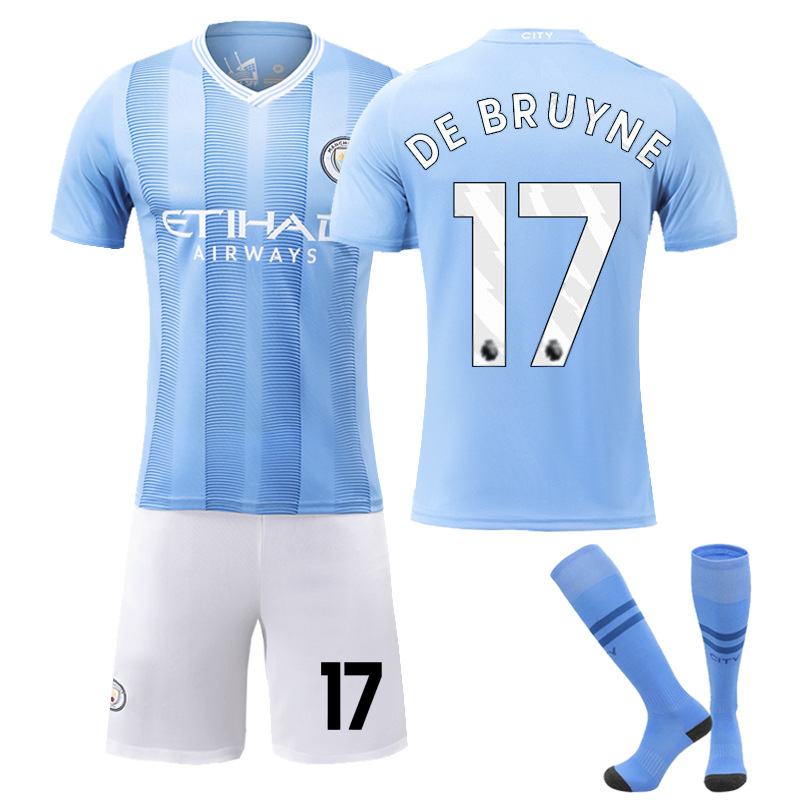thumbnail image 1 of 2324 Manchester City versión correcta en casa No. 9 Haaland No. 17 De Bruyne ropa de fútbol traje para niños y adultos, 1 of 5